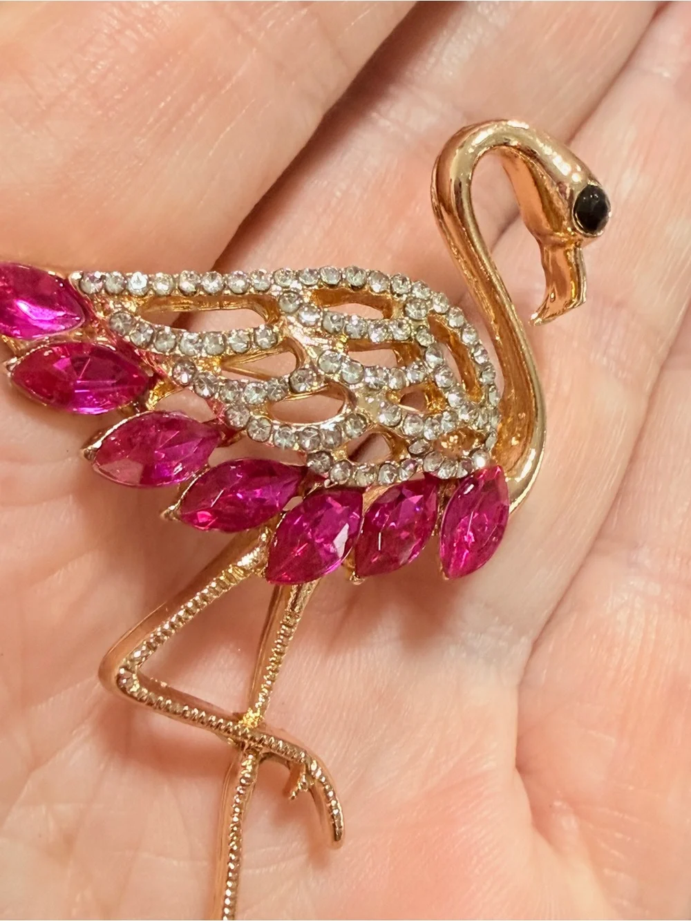 Gold Flamingo Brooch with Pink Crystal Accents